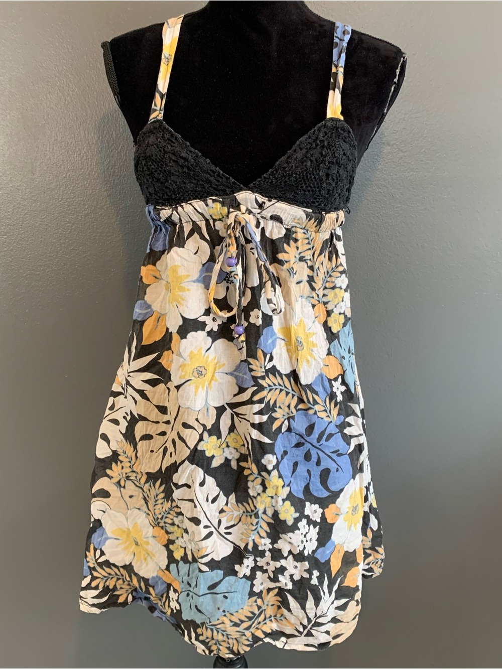 Zara Black Crochet-Bust Camisole with Yellow & Blue Floral Print